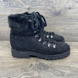 Express Faux Fur Embellished Lace Up Ankle Boots Women's Size 7 Black‎